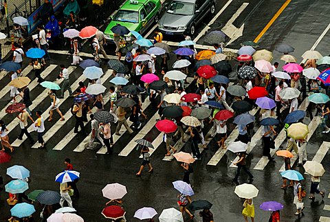 People with colorful umbrella in an intersection, Shanghai, China