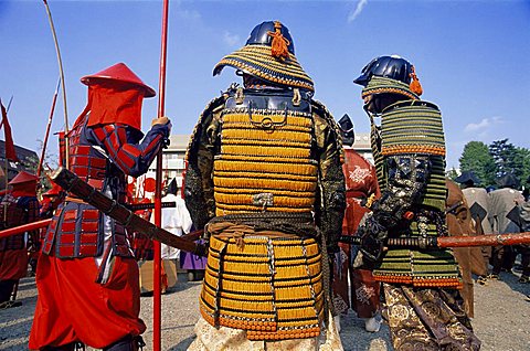 Japan, Tokyo, Men Dressed in Samurai Costume at Jidai Matsuri Festival held Annually in November at Sensoji Temple Asakusa