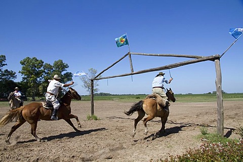 Carrera de sortija (Race of the Ring), traditional game where a Gaucho gallops under a wooden arch and tries to pass a pin through a small ring hanging from an arch, Estancia Santa Susana, Los Cardales, Provincia de Buenos Aires, Argentina